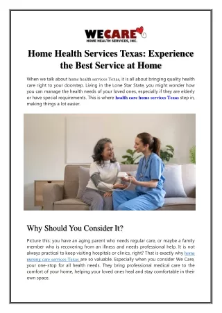 Home Health Services Texas: Experience the Best Service at Home
