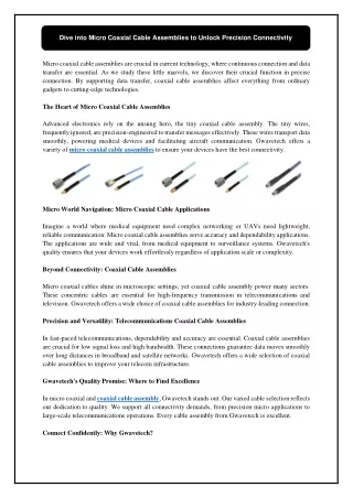 Dive into Micro Coaxial Cable Assemblies to Unlock Precision Connectivity