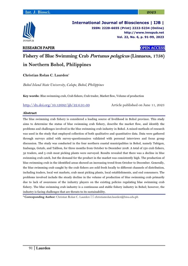 Fishery of Blue Swimming Crab Portunus pelagicus (Linnaeus, 1758) in Northern