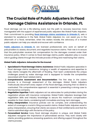 The Crucial Role of Public Adjusters in Flood Damage Claims Assistance in Orlando, FL