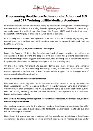 Empowering Healthcare Professionals Advanced BLS and CPR Training at Elite Medical Academy