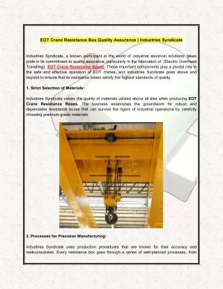 EOT Crane Resistance Box Quality Assurance - Industries Syndicate