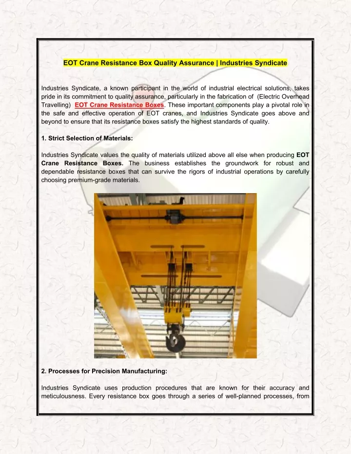 eot crane resistance box quality assurance