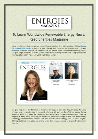 To Learn Worldwide Renewable Energy News, Read Energies Magazine