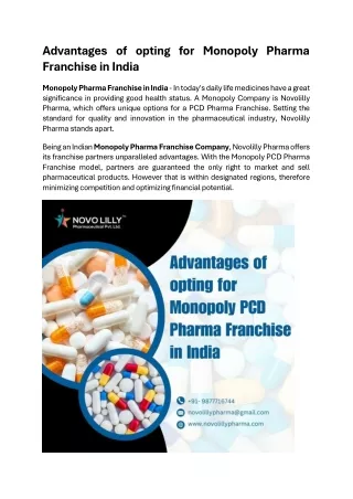 Advantages of opting for Monopoly Pharma Franchise in India