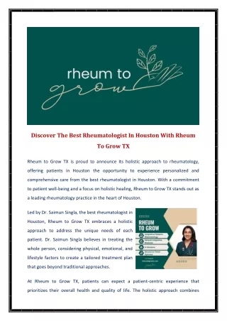 Discover The Best Rheumatologist In Houston With Rheum To Grow TX