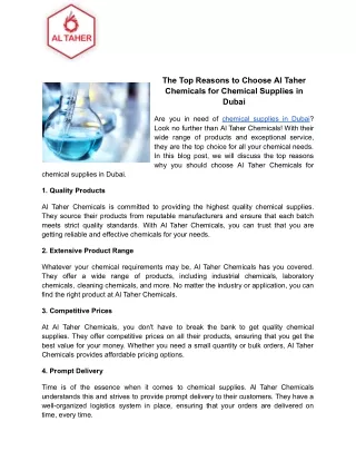 The Top Reasons to Choose Al Taher Chemicals for Chemical Supplies in Dubai