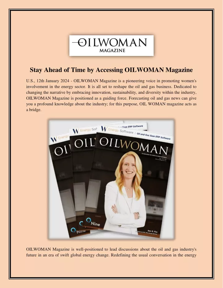 stay ahead of time by accessing oilwoman magazine