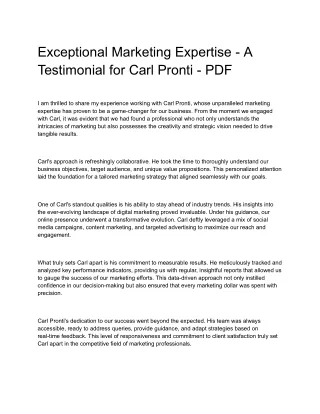 Exceptional Marketing Expertise - A Testimonial for Carl Pronti - PDF