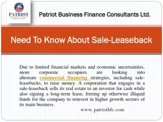 Sale-leaseback - Patriot Business Finance Consultants Ltd.