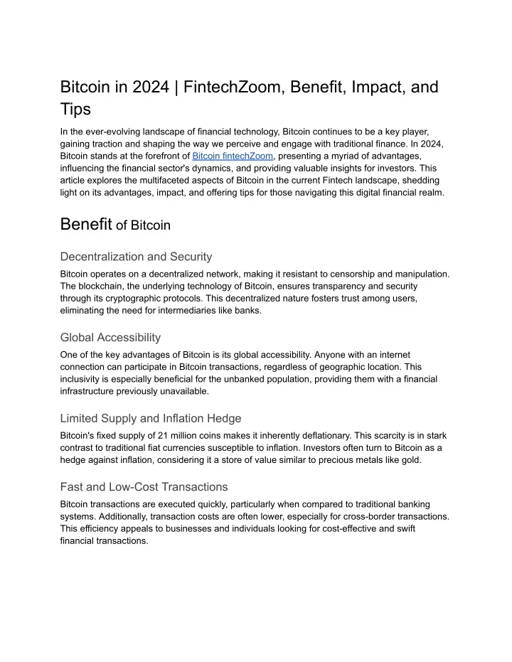 bitcoin in 2024 fintechzoom benefit impact