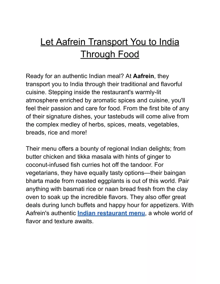 let aafrein transport you to india through food