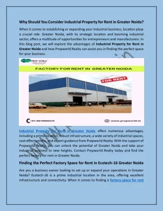Why We Prefer Industrial Property for Rent in Ecotech-6 Greater Noida?