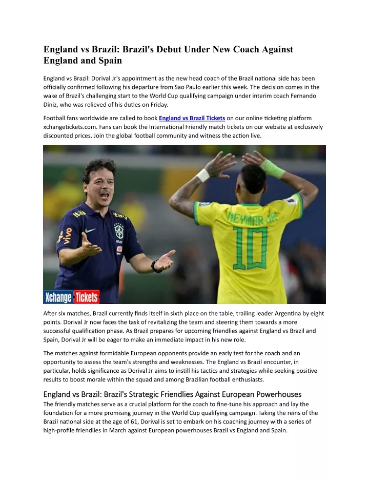 england vs brazil brazil s debut under new coach