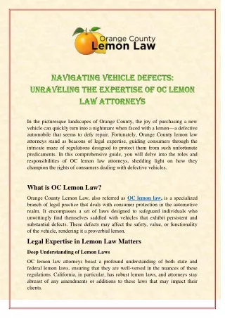 Navigating Vehicle Defects: Unraveling the Expertise of OC Lemon Law Attorneys