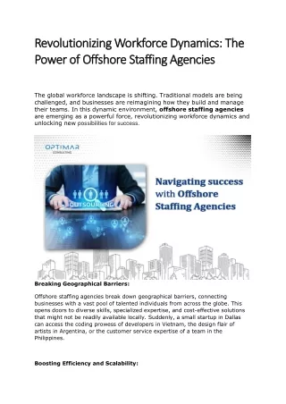 Revolutionizing Workforce Dynamics: The Power of Offshore Staffing Agencies