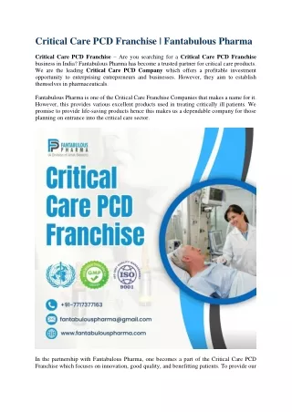 Critical Care PCD Franchise | Fantabulous Pharma