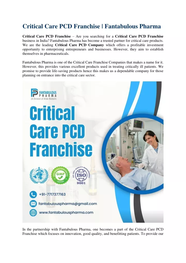 critical care pcd franchise fantabulous pharma