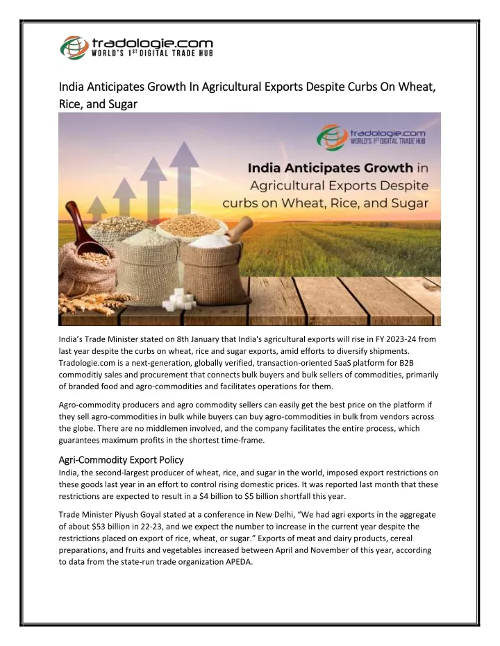 india anticipates growth in agricultural exports