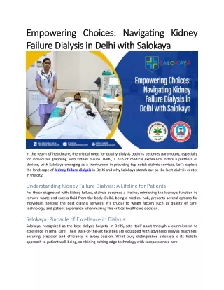 Empowering Choices Navigating Kidney Failure Dialysis in Delhi with Salokaya
