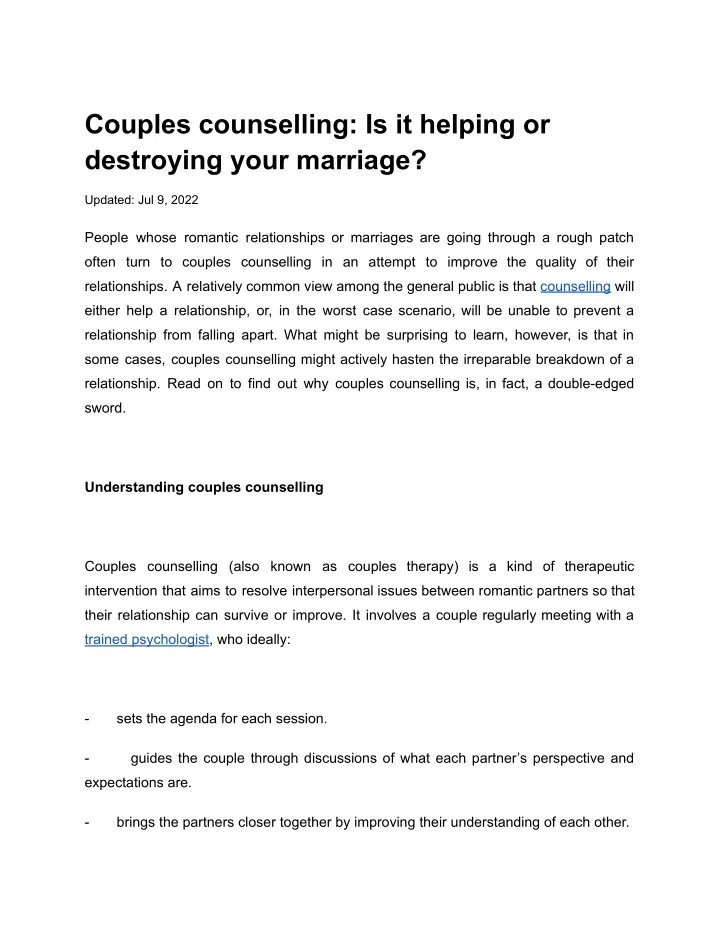 couples counselling is it helping or destroying