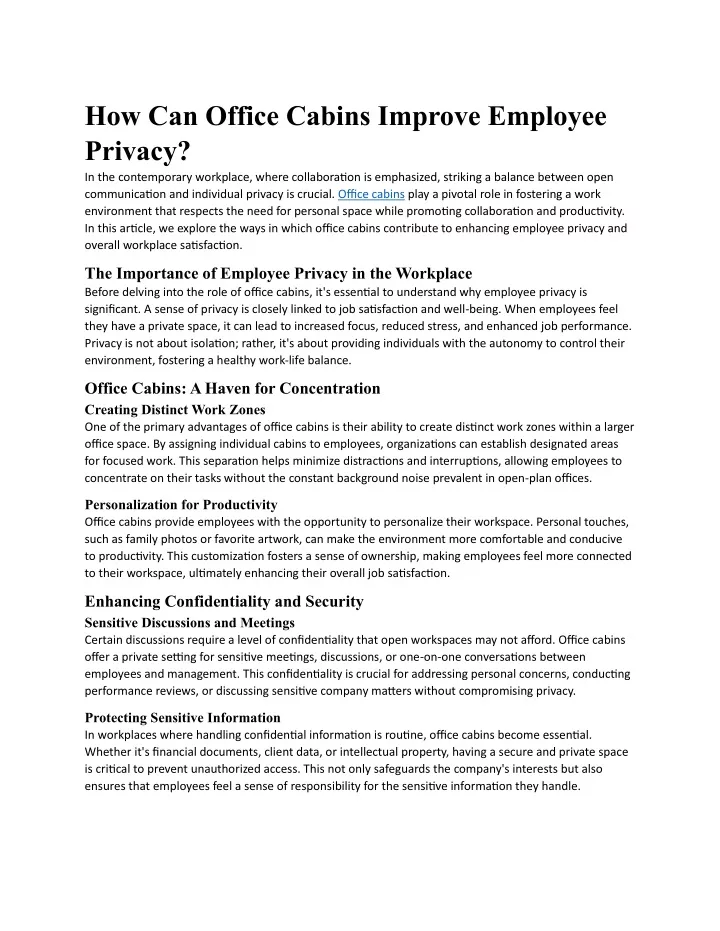 how can office cabins improve employee privacy