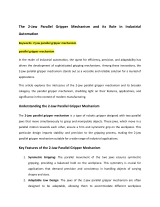 The 2-Jaw Parallel Gripper Mechanism and its Role in Industrial Automation