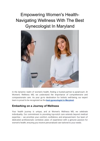 Empowering Women's Health- Navigating Wellness with the Best Gynecologist in Maryland