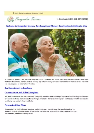 Welcome to Sungarden Memory Care Exceptional Memory Care Services in California, USA