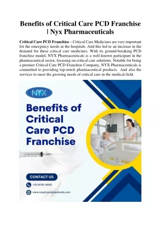 Benefits of Critical Care PCD Franchise | Nyx Pharmaceuticals