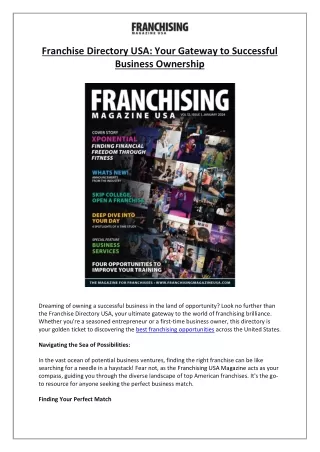 Franchise Directory USA- Your Gateway to Successful Business Ownership
