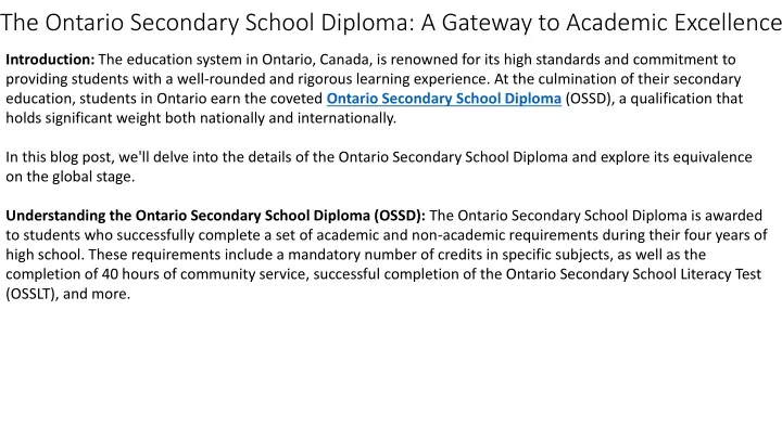 the ontario secondary school diploma a gateway to academic excellence