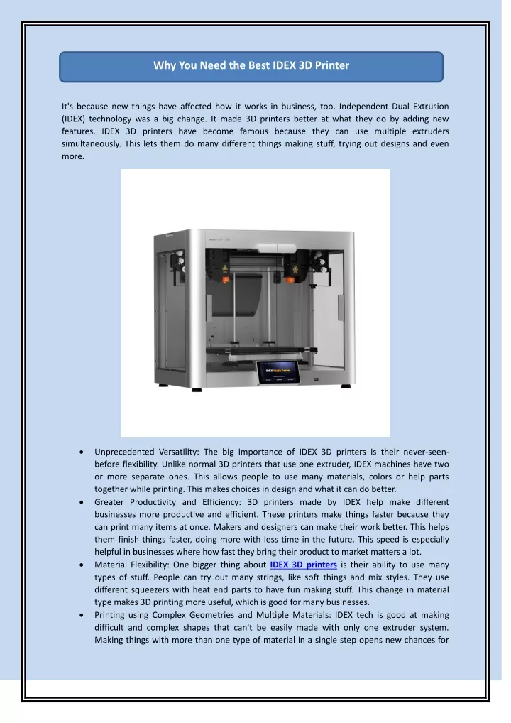 why you need the best idex 3d printer