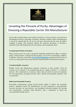 Unveiling the Pinnacle of Purity Advantages of Choosing a Reputable Carrier Oils Manufacturer