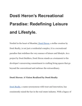 Dosti Heron’s Recreational Paradise: Redefining Leisure and Lifestyle.