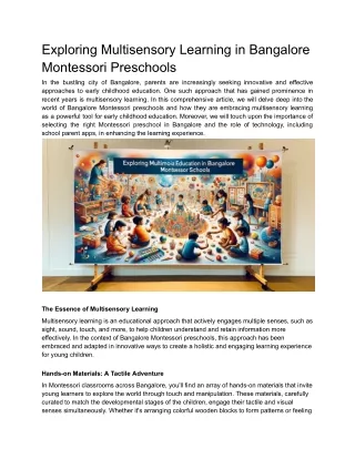 Exploring Multisensory Learning in Bangalore Montessori Preschools
