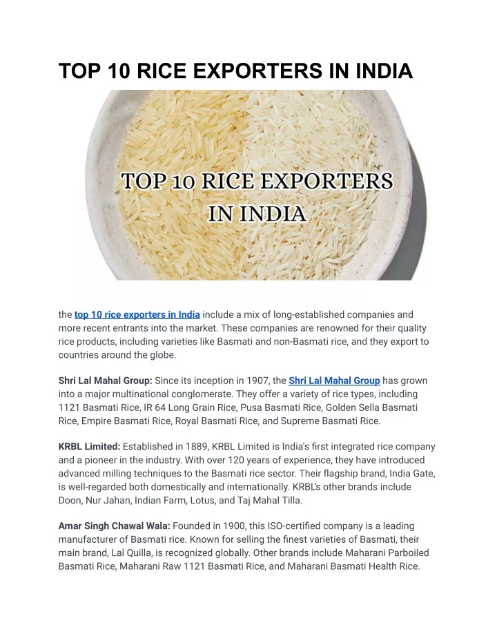 top 10 rice exporters in india