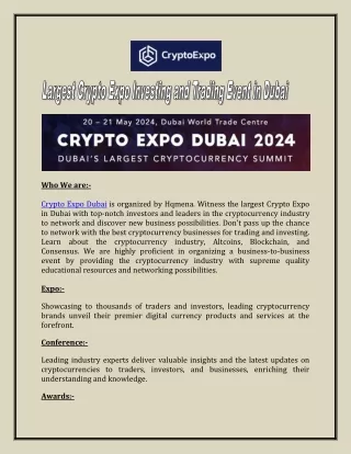 Largest Crypto Expo Investing and Trading Event in Dubai