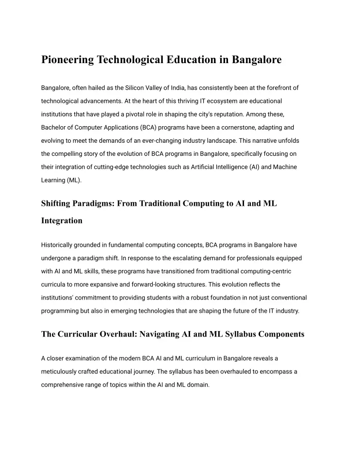 pioneering technological education in bangalore