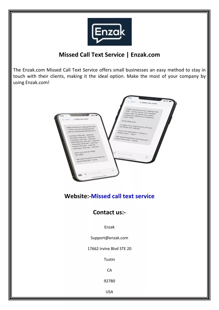 missed call text service enzak com