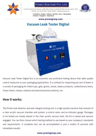 Know About Vacuum Leak Tester for testing - Presto Group