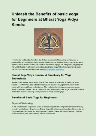 Unleash the Benefits of basic yoga for beginners at Bharat Yoga Vidya Kendra