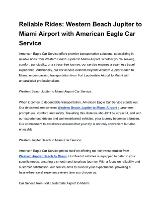 Western Beach Jupiter to Miami Airport with American Eagle Car Service