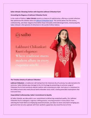 Saibo Lifestyle: Elevating Fashion with Exquisite Lakhnavi Chikankari Kurti