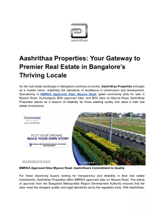 Aashrithaa Properties_ Your Gateway to Premier Real Estate in Bangalore’s Thriving Locale