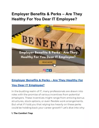 Employer Benefits & Perks – Are They Healthy For You Dear IT Employee