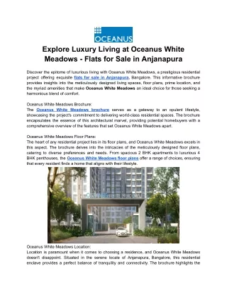 Explore Luxury Living at Oceanus White Meadows - Flats for Sale in Anjanapura