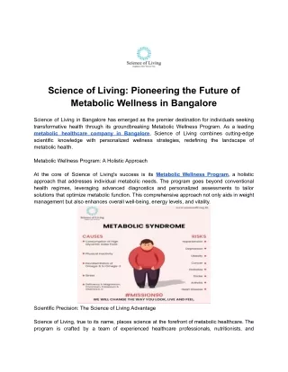 Science of Living - Pioneering the Future of Metabolic Wellness in Bangalore