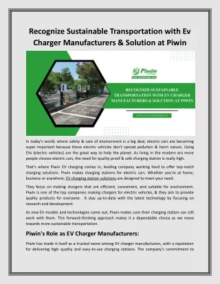 Recognize Sustainable Transportation with Ev Charger Manufacturers