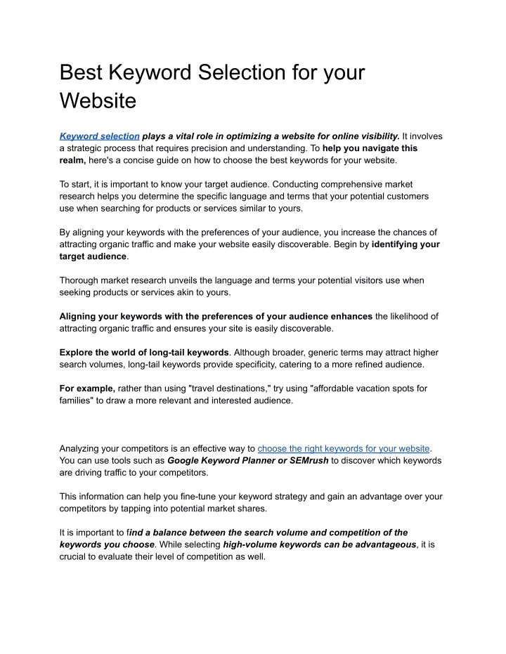 best keyword selection for your website